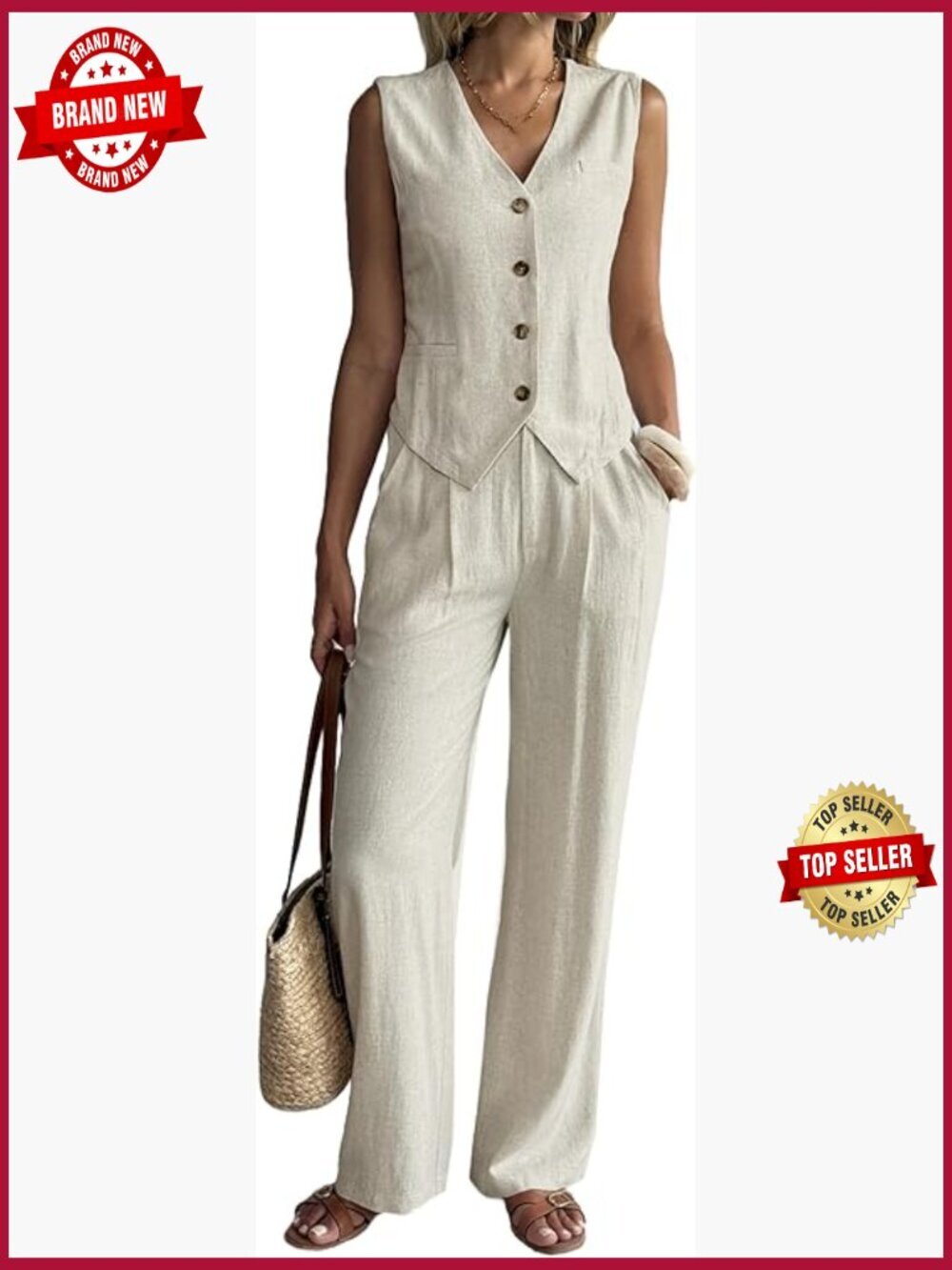 Linen Pant Suit 2 Piece Vest Wide Leg Pants Set Summer Business Casual Women